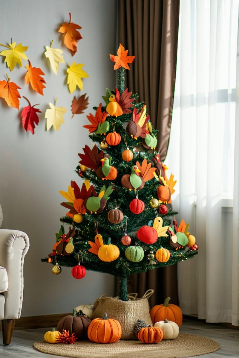 13. Kid-Friendly Tree with Felt Turkeys and Gourds