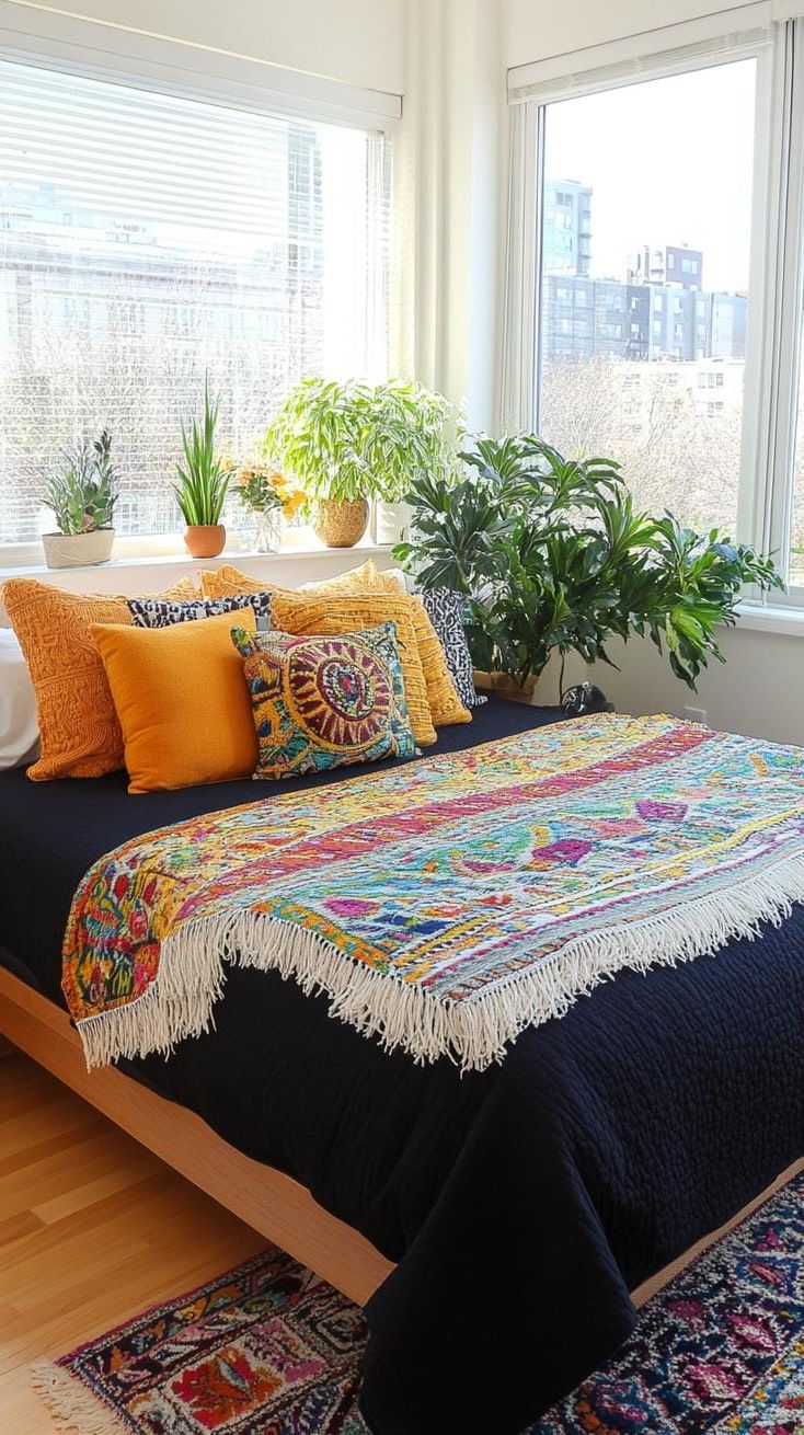 12. Mismatched Boho Pillows On A Dark Bedspread - photo 2