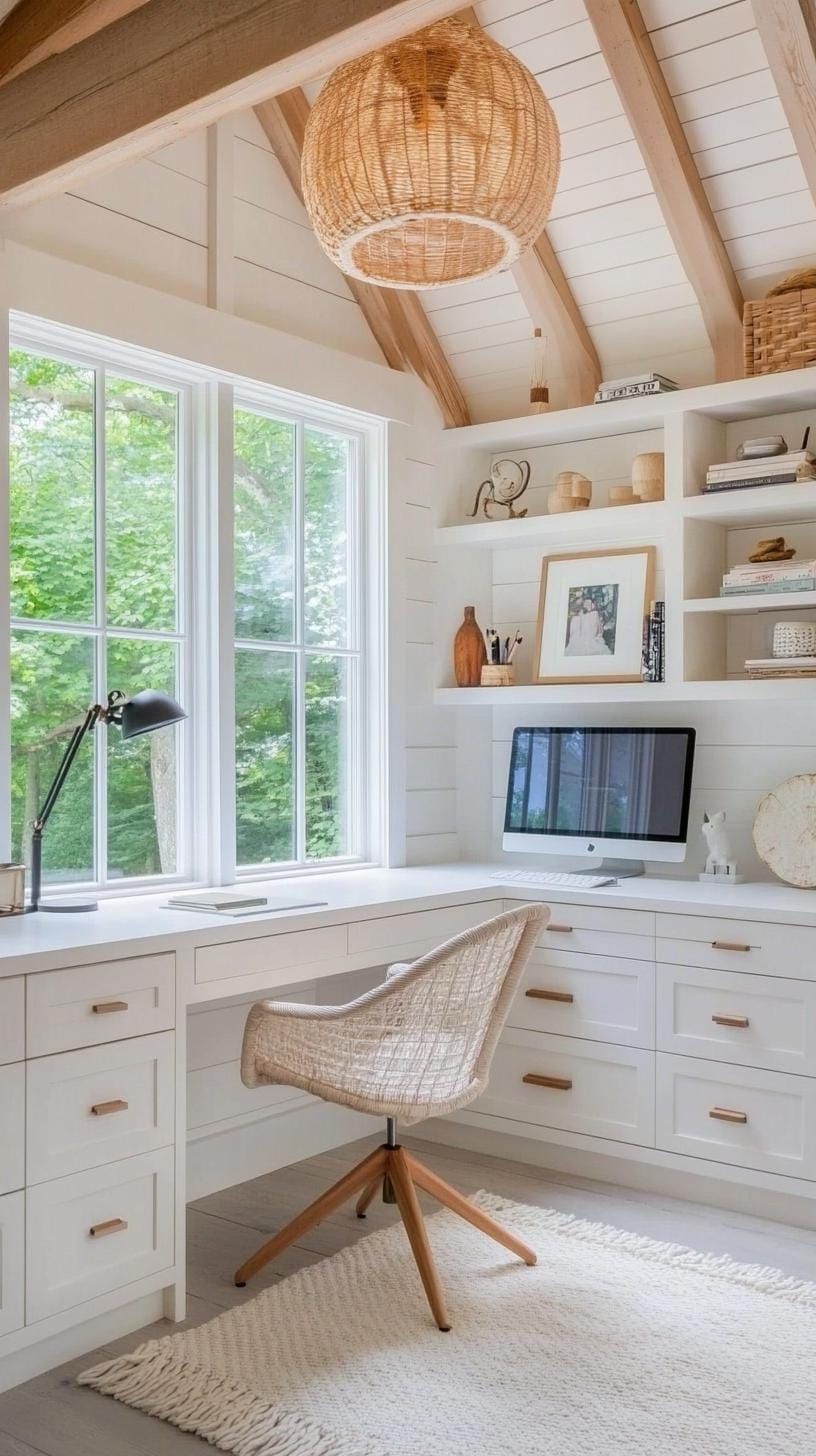 6. White Shed Office with Built-In Corner Desk - photo 3