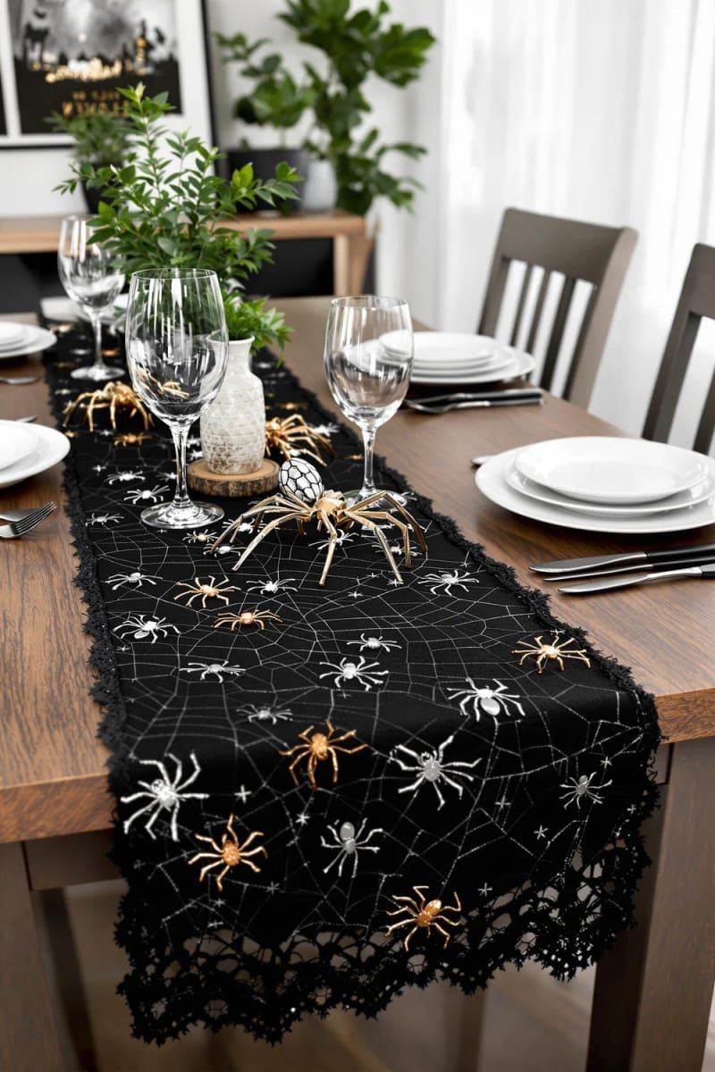 20. Spiderweb Table Runner with Metallic Spider Accents