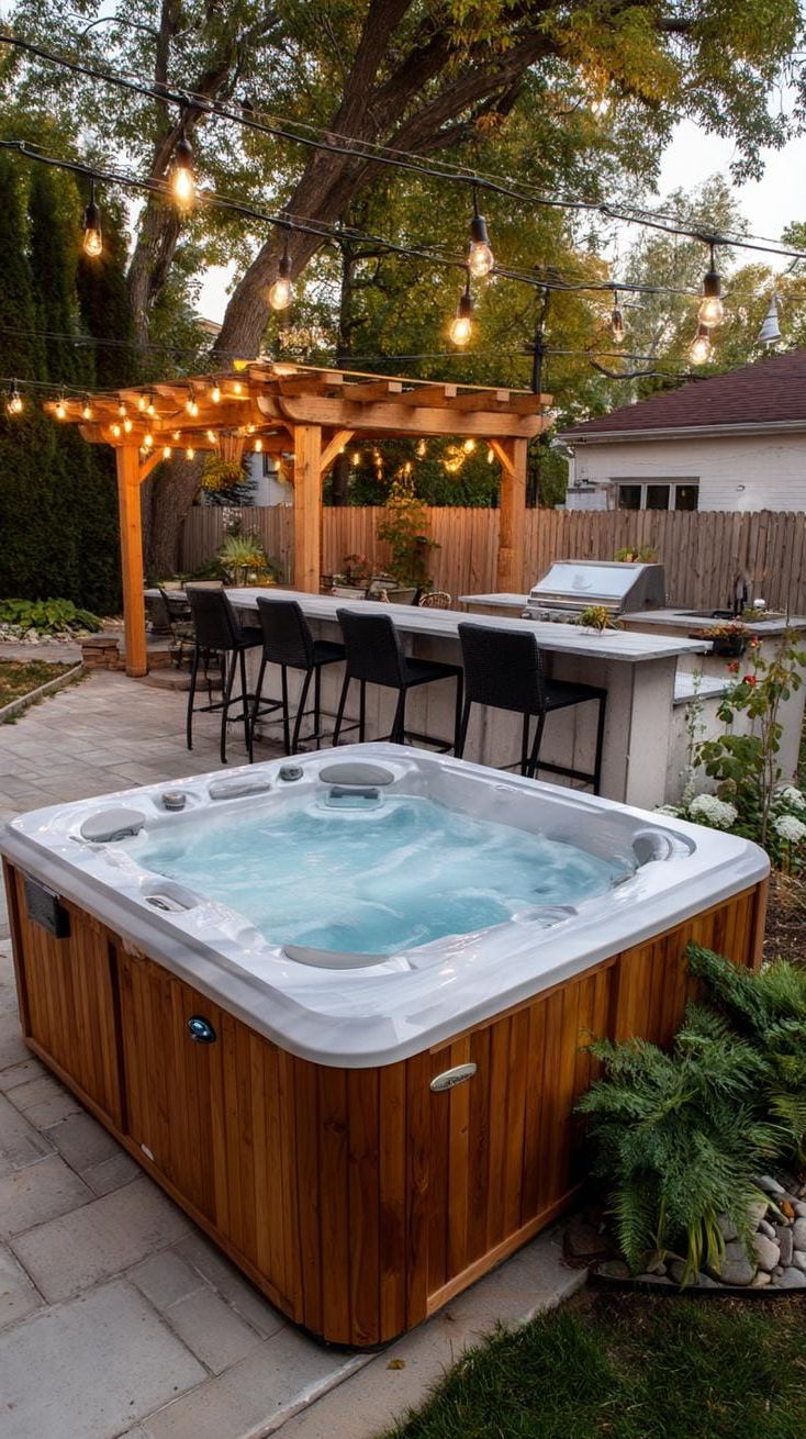 31. Enjoy a relaxing soak in the hot tub by the outdoor kitchen and grill station