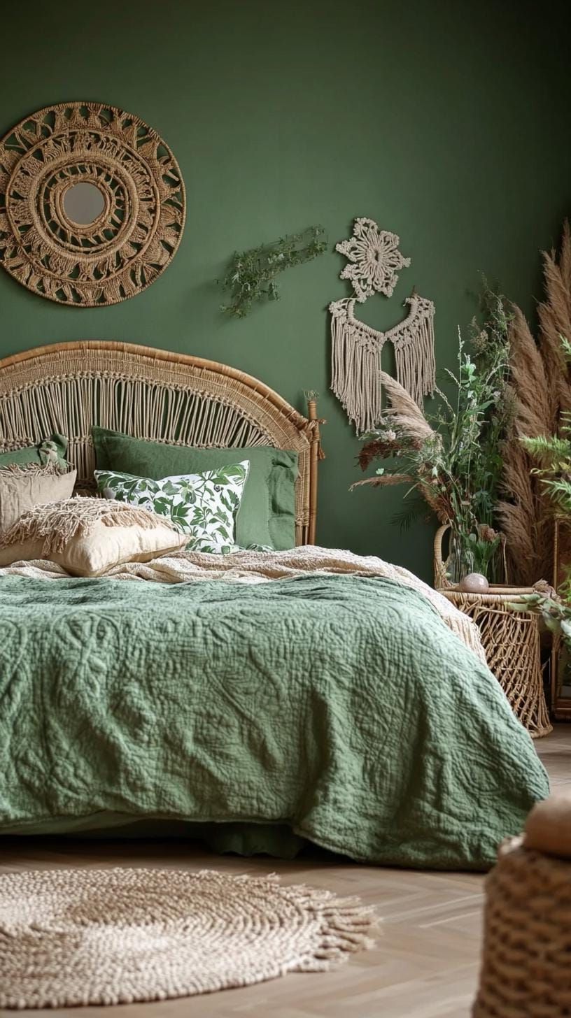 3. Bohemian Olive Green Bedroom with Macrame and Rattan