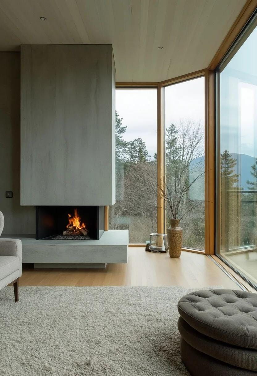 17. Cantilevered concrete fireplace facing panoramic views