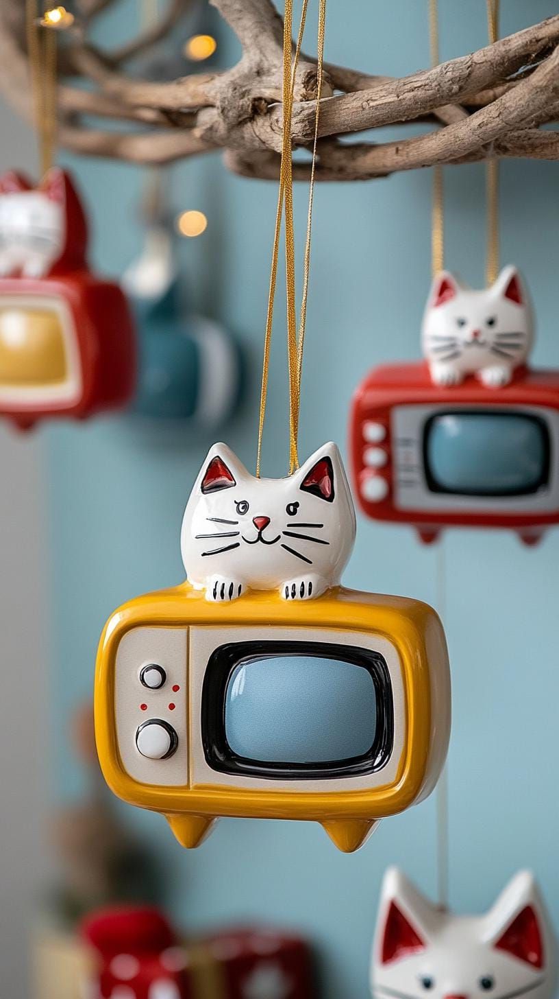8. Retro TV-shaped ornaments with cat silhouettes - photo 2