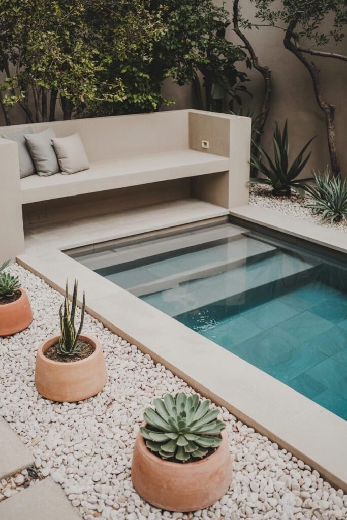 7. Bench Nook with Plants and Pebbles
