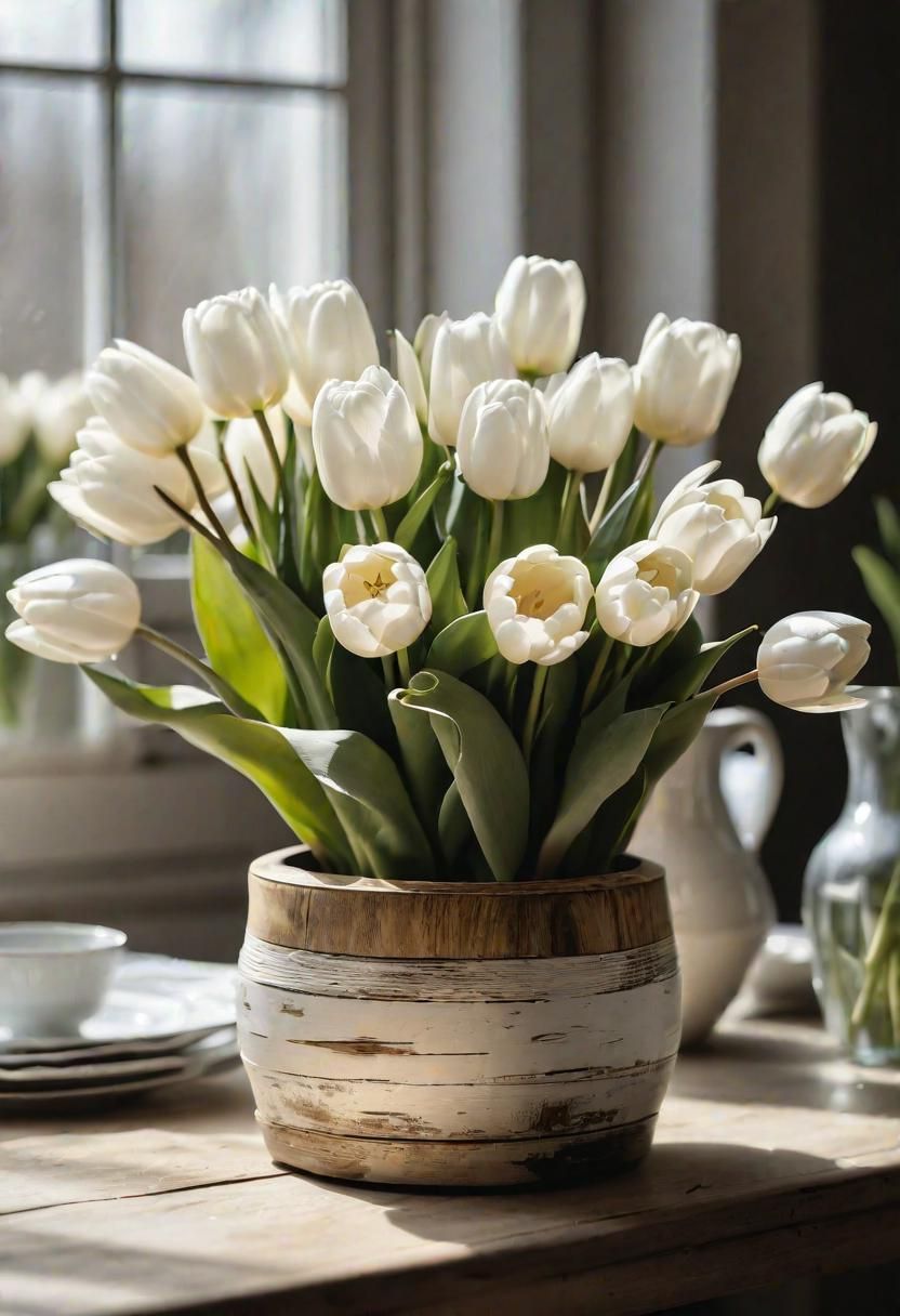 6. White Tulip Centerpiece in Wood Planter