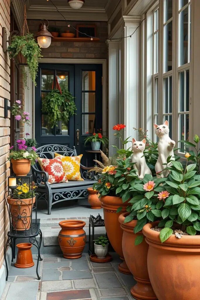 Curious Cats Peeking Out of Porch Planters