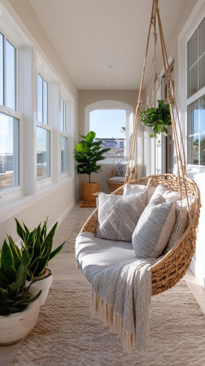 16. A Small Sunroom With Swing and Sleek Decor