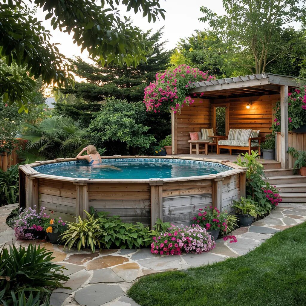 Vintage-Style Pool with Rustic Wood Trim