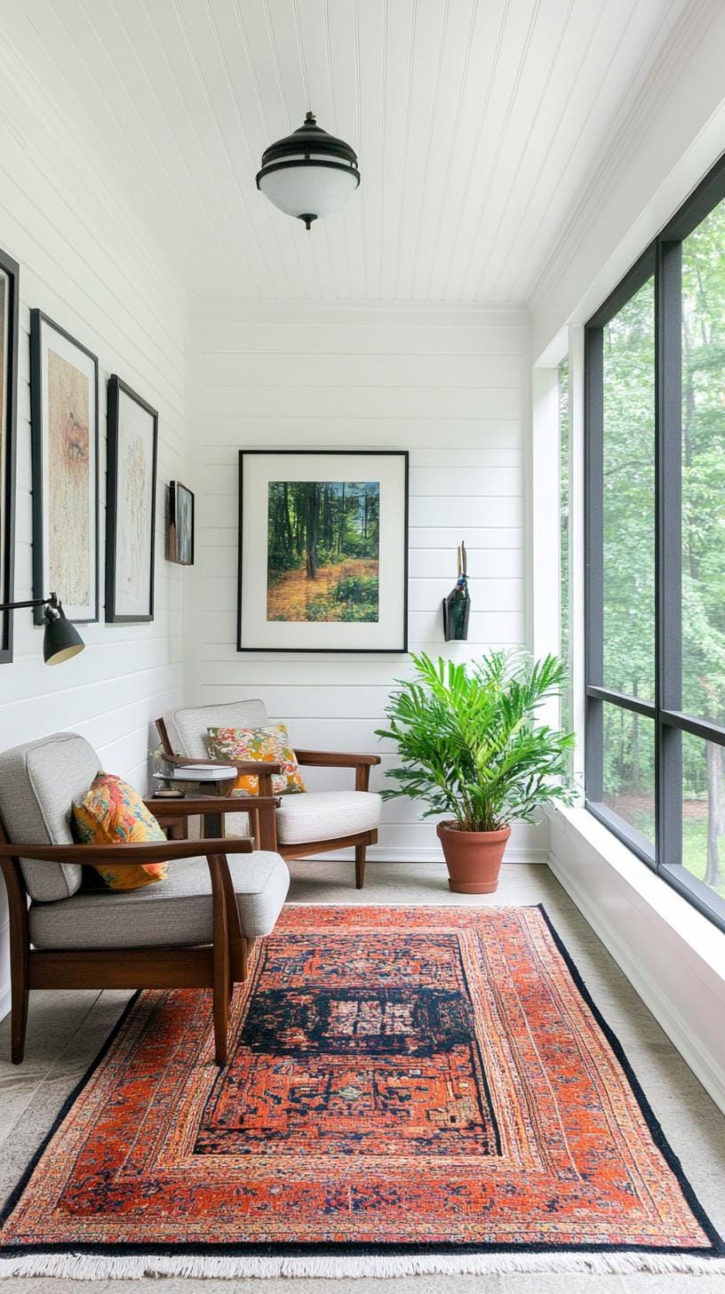 24. Layered Rugs and Vintage Art on a Porch