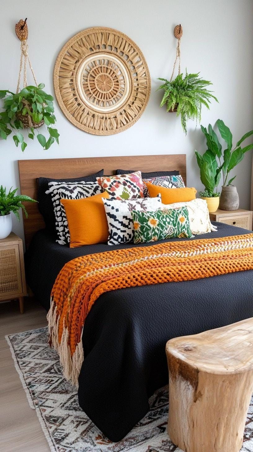 12. Mismatched Boho Pillows On A Dark Bedspread - photo 3