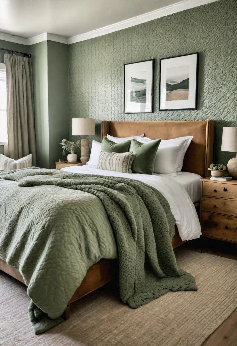 19. Sage Green Bedroom With Rich Texture