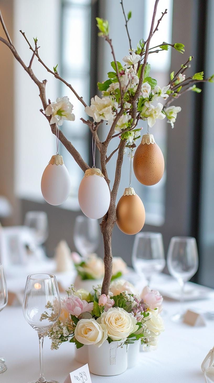 6. Rustic Tree Branch Centerpiece With Hanging Eggs