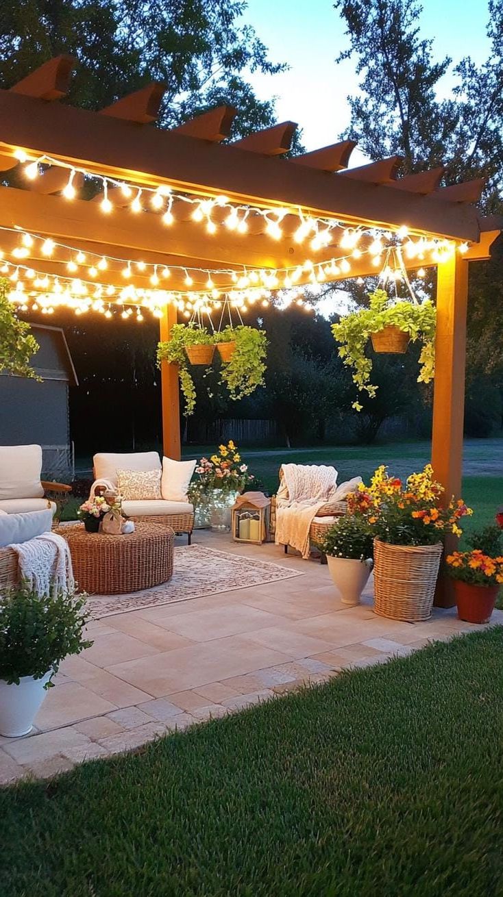 4. Pergola Patio with Fairy Lights and Hanging Plants