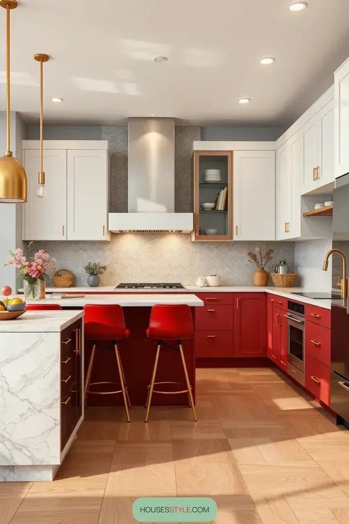 Two-Tone Cabinets with Red Accent Pops