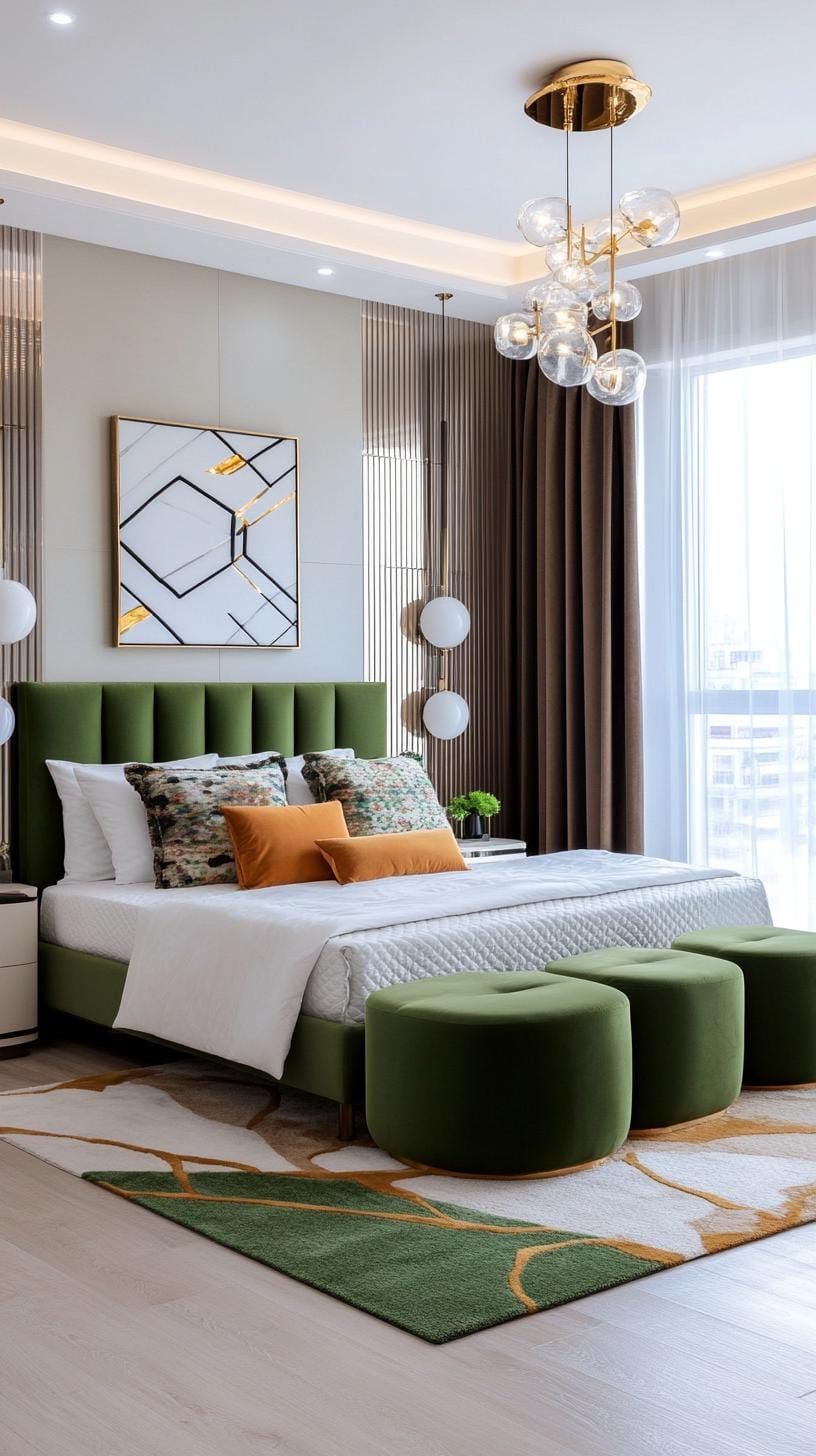 5. Modern Olive Green Bedroom with Gold Accents - photo 3