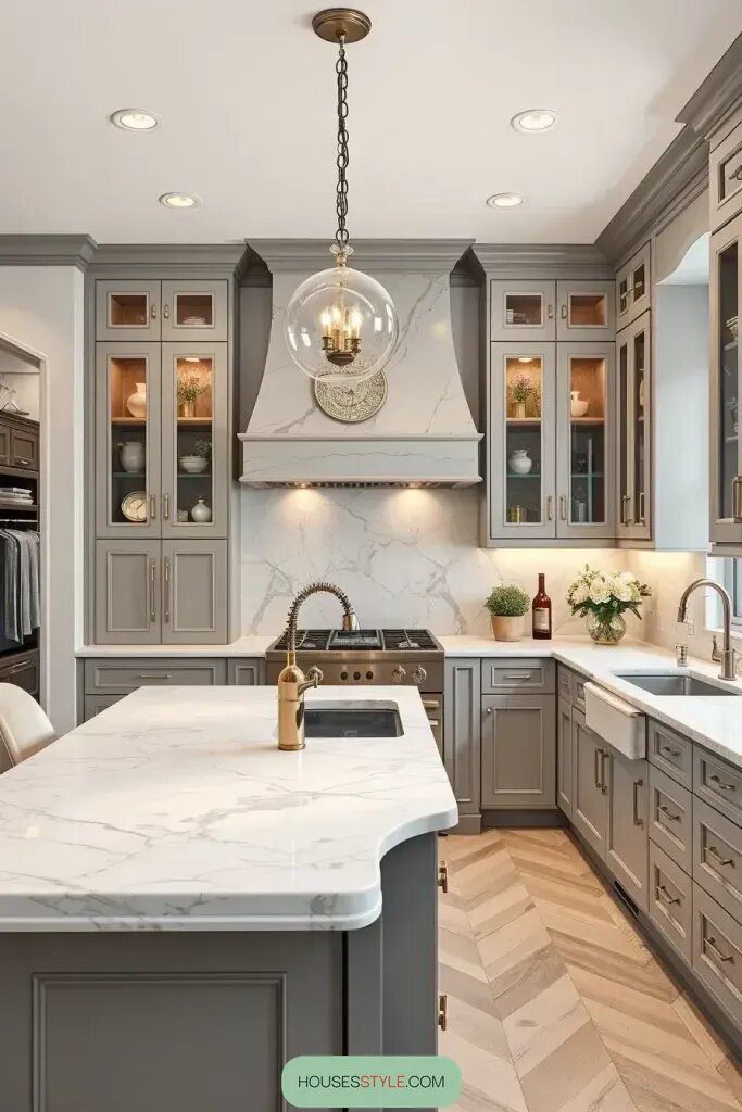 Gray Cabinets Paired with Marble Countertops