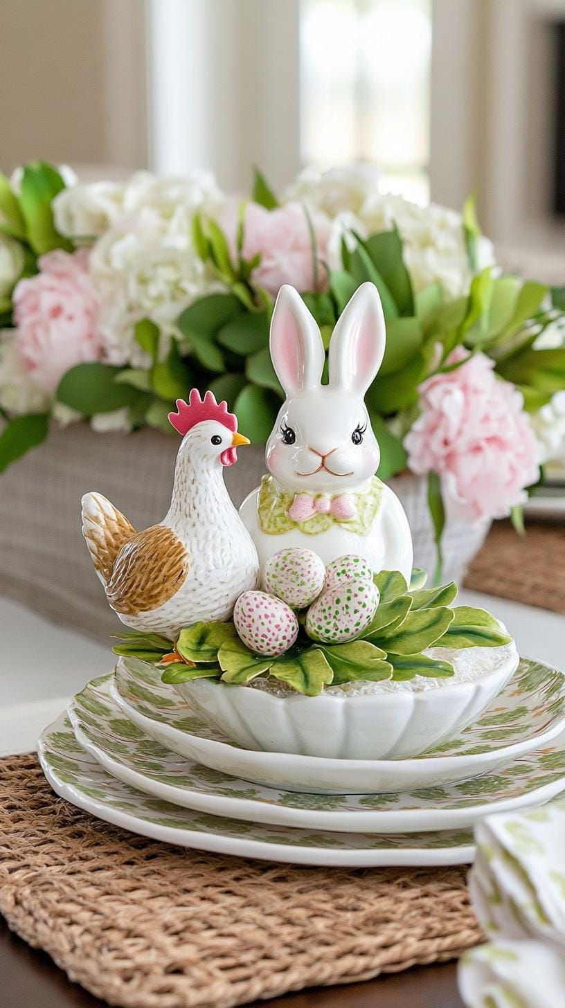 15. Vintage Ceramic Bunny And Hen Centerpiece - photo 2