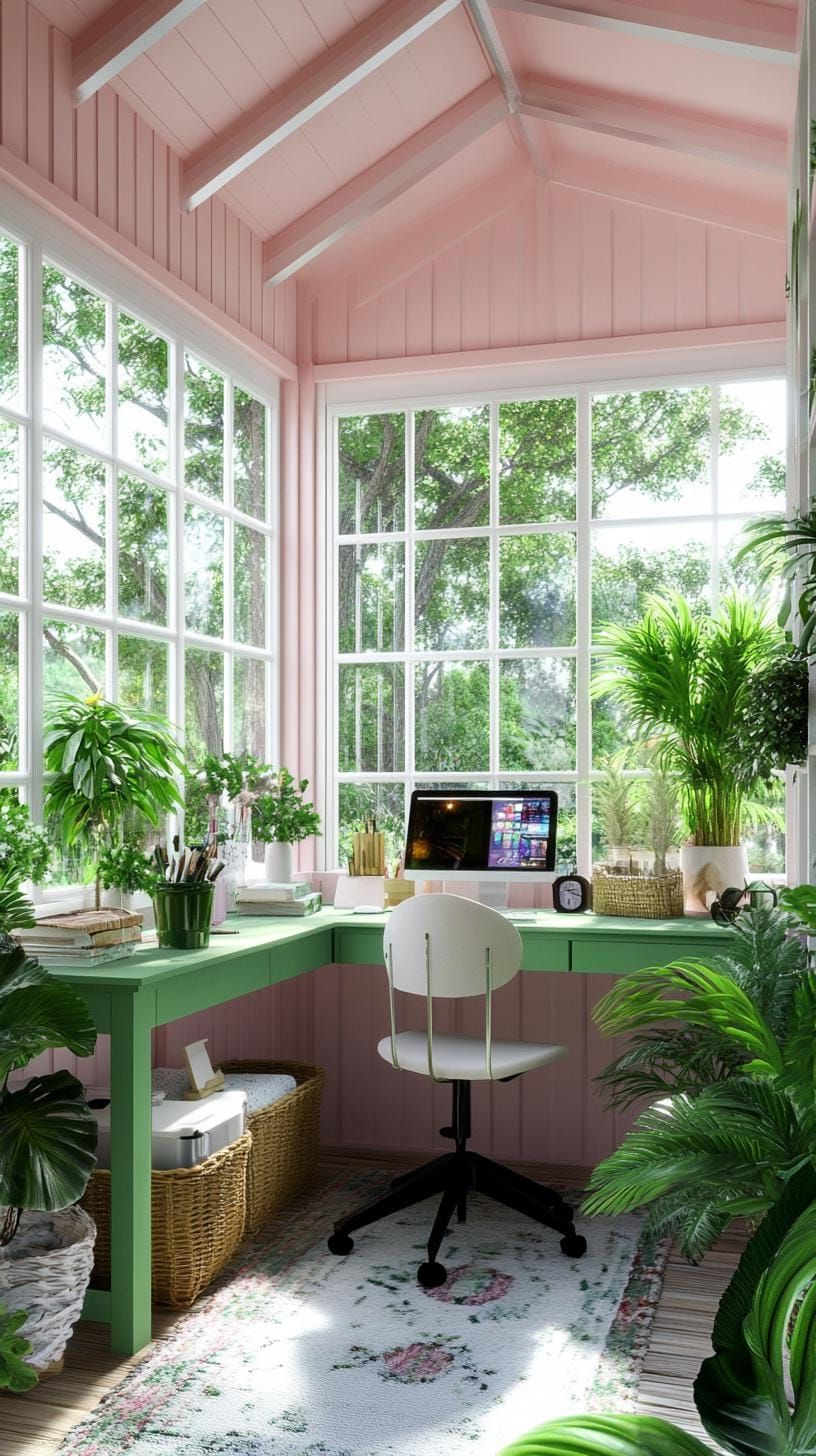 3. Pink and Green She Shed with Wraparound Windows