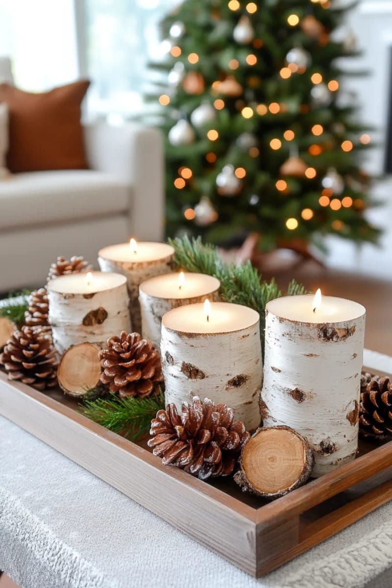 8. Birch log candle holders on a wood tray