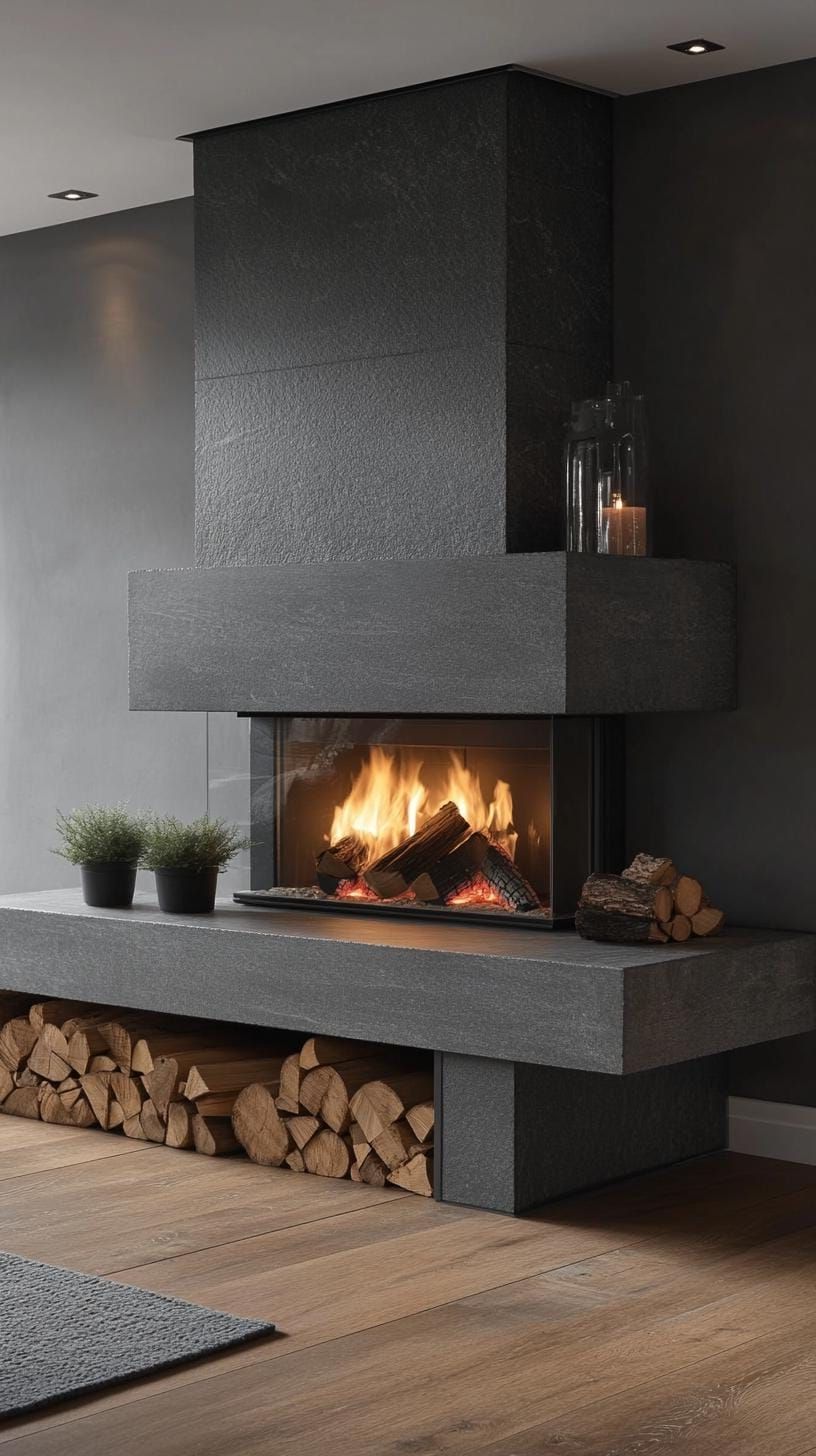 13. Gray slate fireplace with asymmetrical wood storage