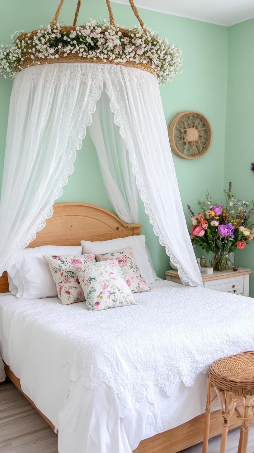 18. Cottagecore Bedroom with Lace Curtains and Sage Green Walls - photo 3