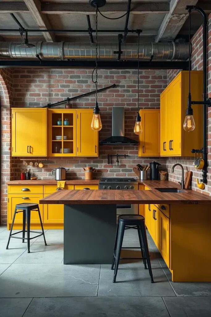 Yellow Cabinets Inside Industrial Style Kitchens
