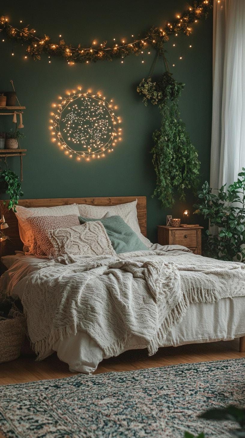 1. Dark Green Walls With Layered Boho Textiles
