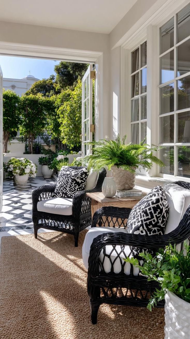 4. Rattan Chairs Under Floor-to-Ceiling Windows