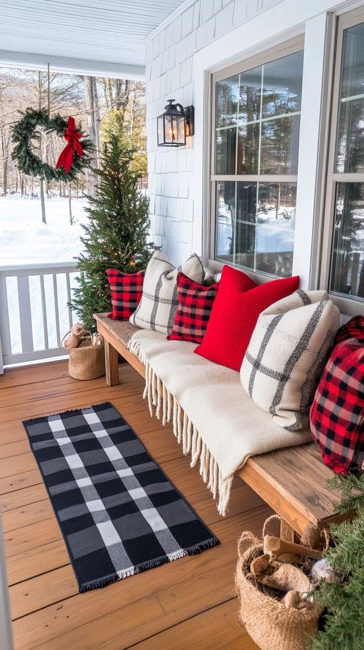 15. Knitted Bench Covers Paired with Plaid Throws