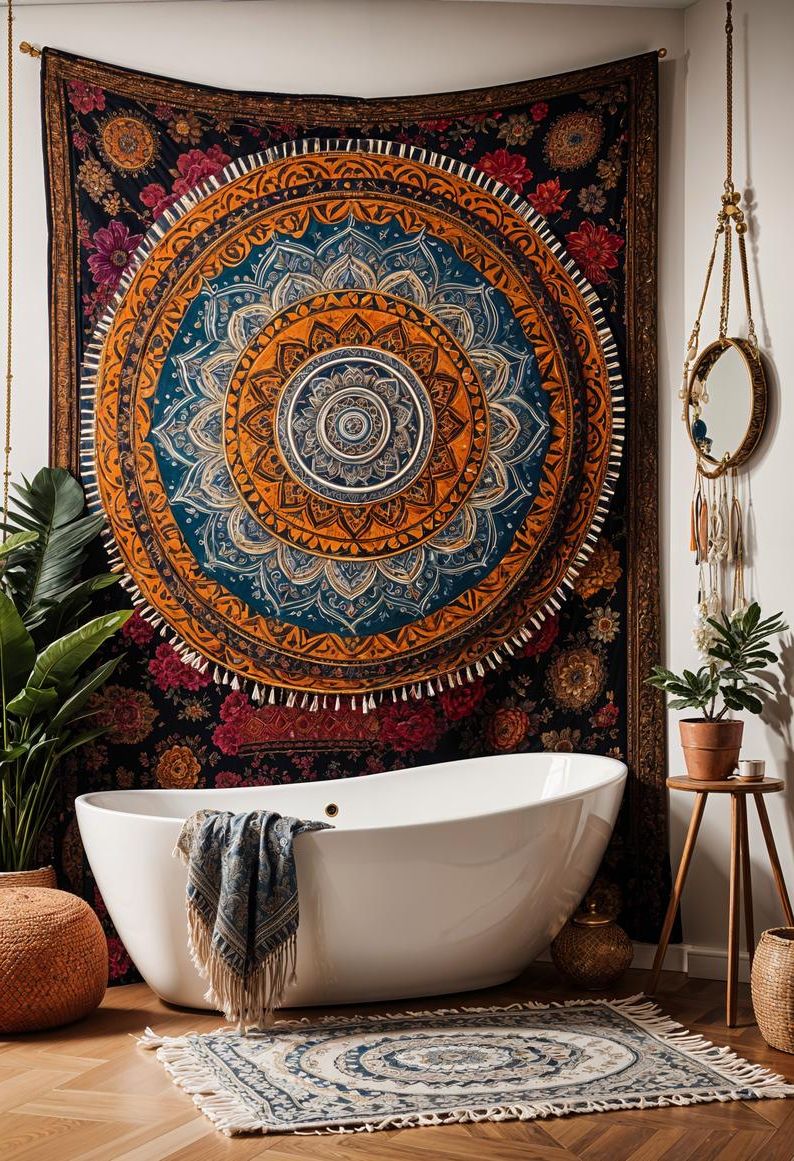 18. Styling Boho Tapestries in the Bathroom