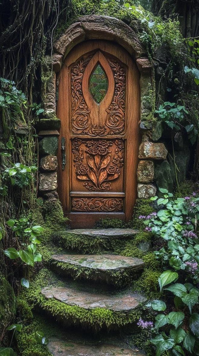 3. Mossy stone steps leading to a fairytale door