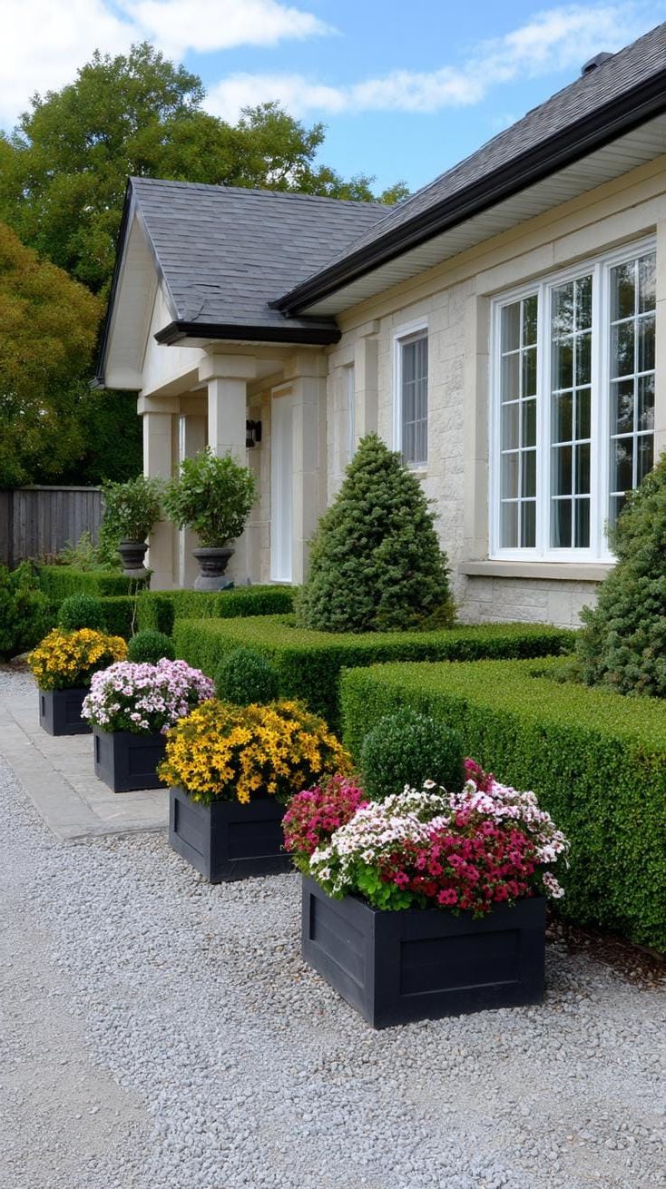 24. Trimmed Cottage Hedges with Charming Planters