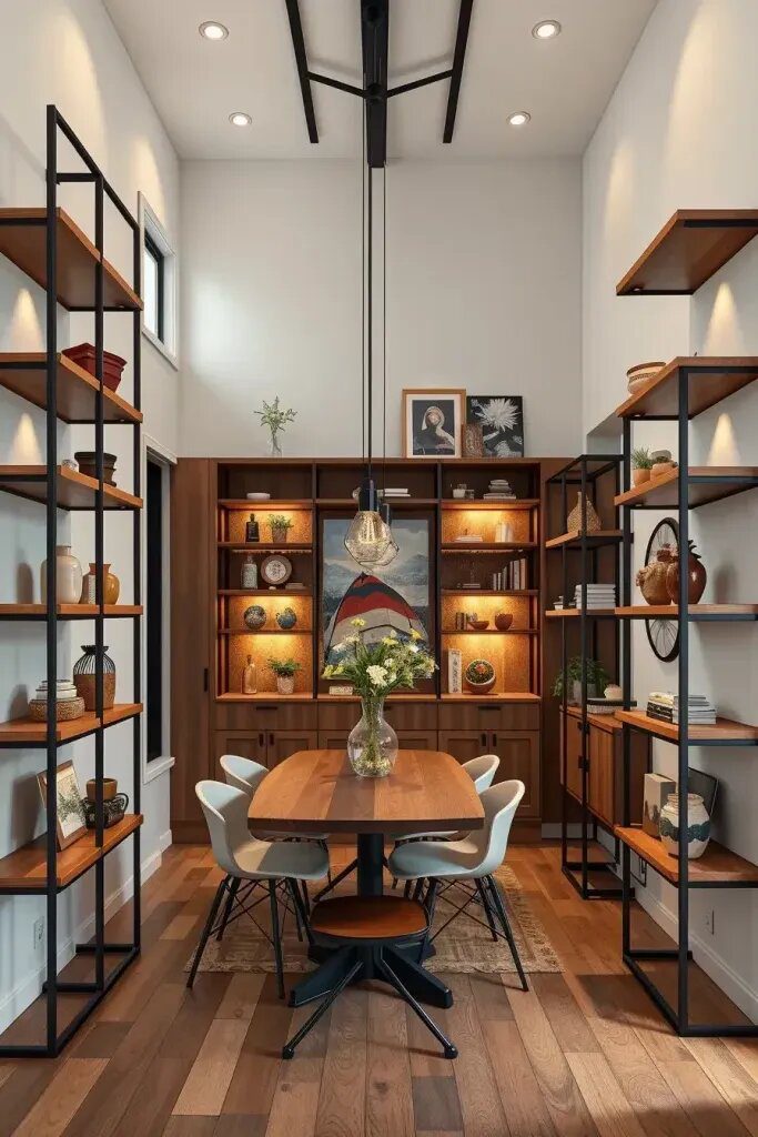 Multi-Level Shelving to Frame the Dining Space