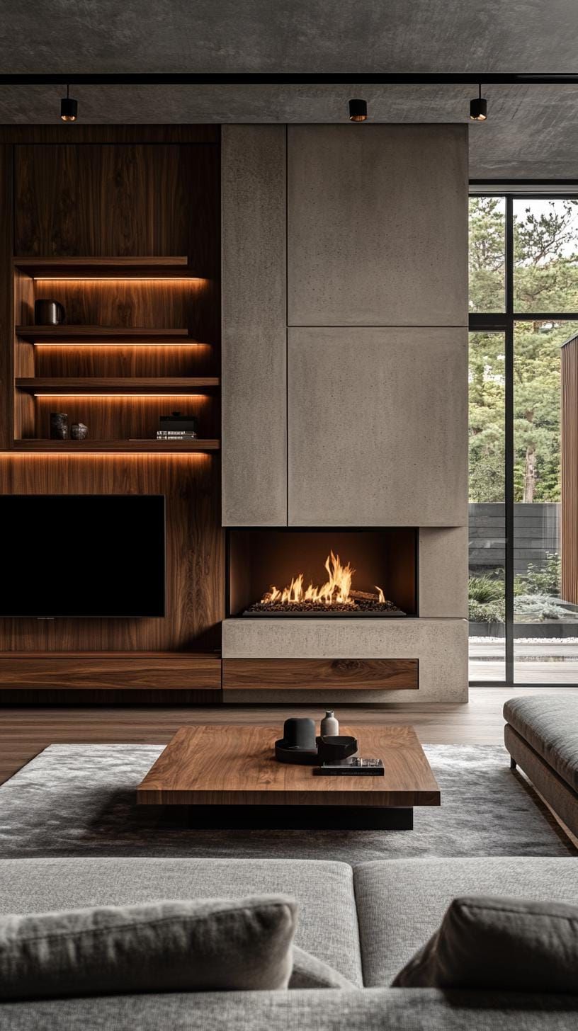 19. Concrete fireplace wall with floating wood shelving - photo 2