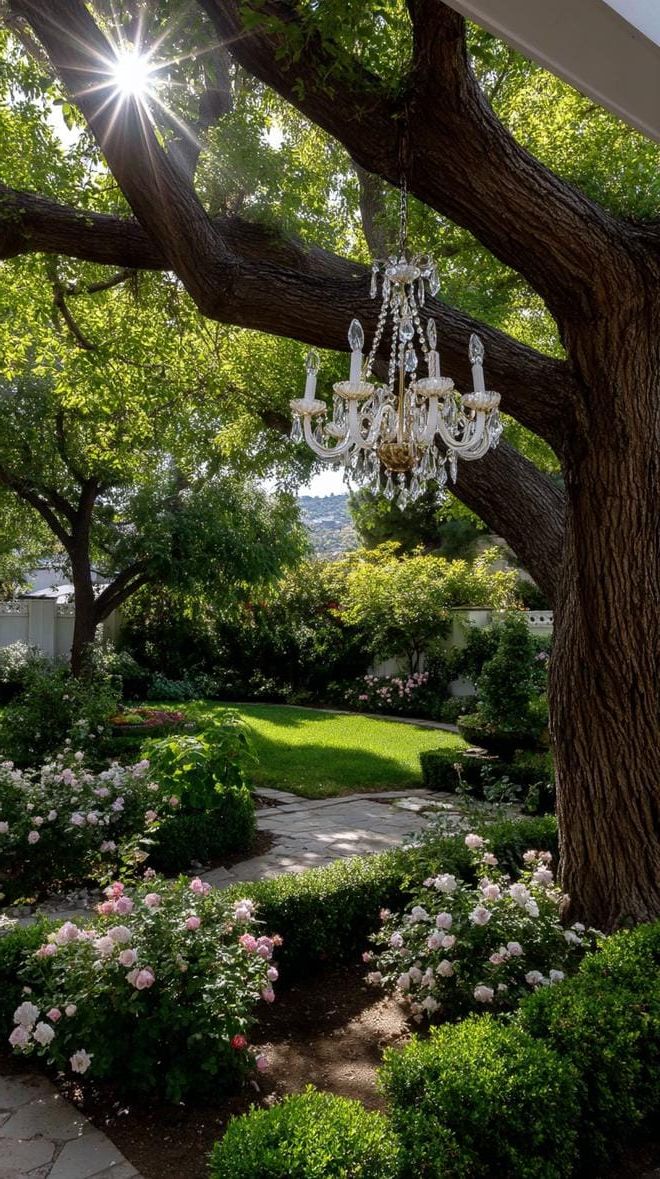 20. Crystal Chandelier Hung From a Garden Tree