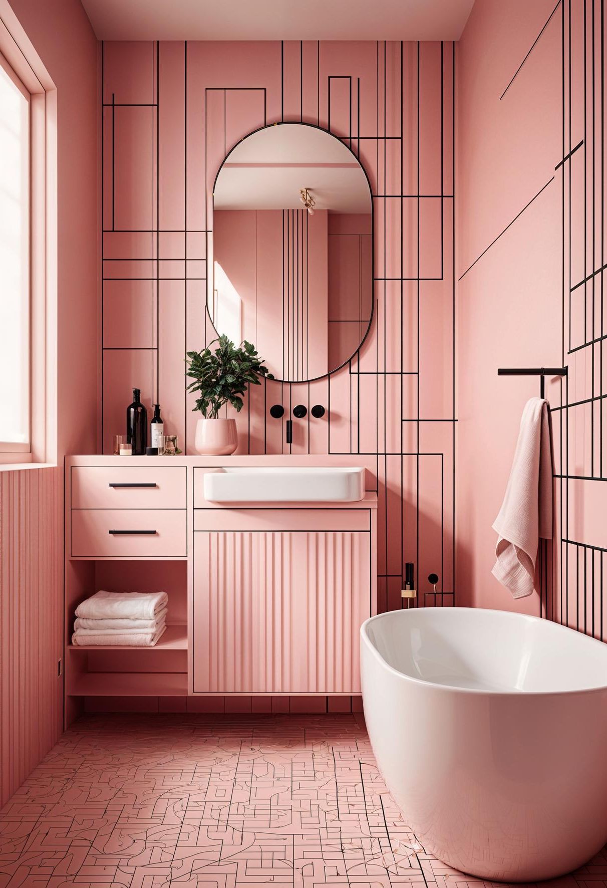 16. Geometric Patterns in a Pink Bathroom