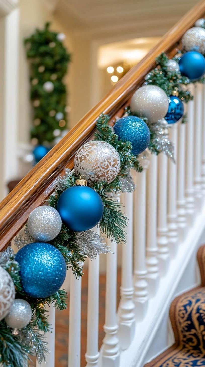 7. Silver-blue bauble garland draped along a white staircase railing - photo 2