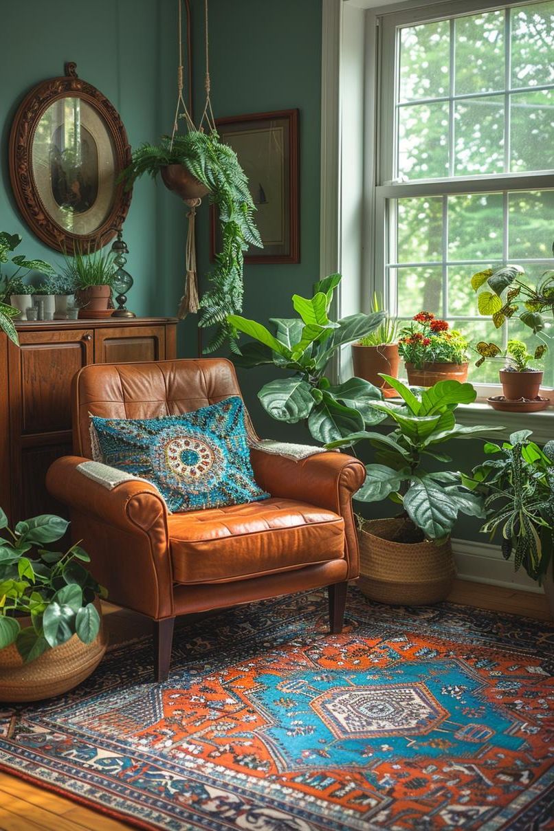 4. Eclectic Plant Displays in Living Room