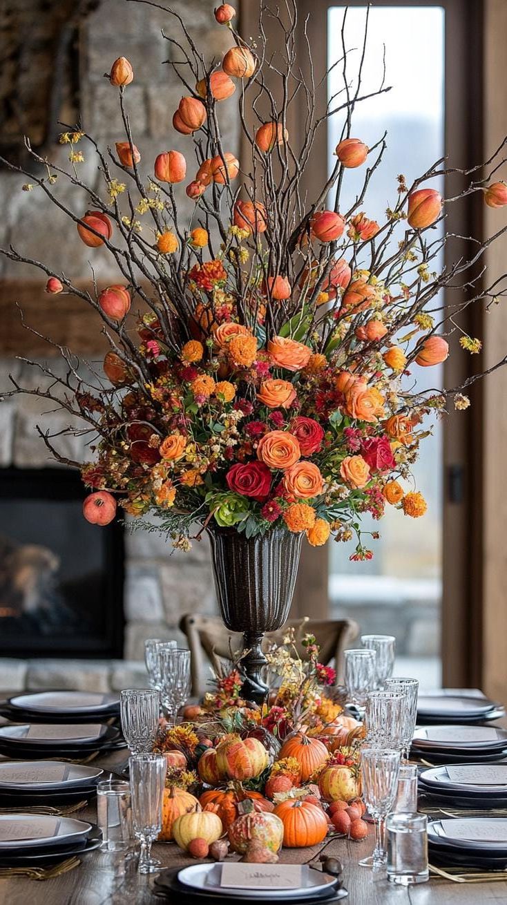 8. Organic Centerpiece With Foraged Branches and Florals
