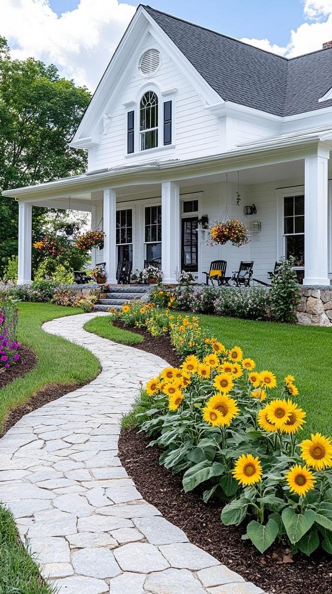 17. Curved Sunflower-Lined Garden Path