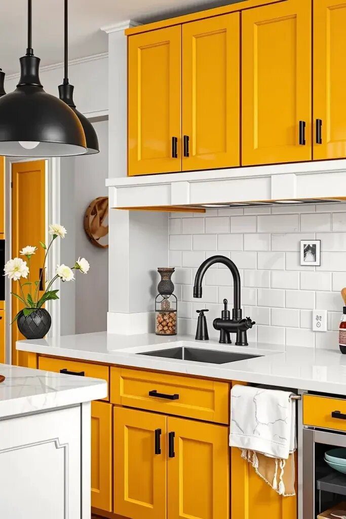 Matte Black Hardware Paired With Yellow Cabinets
