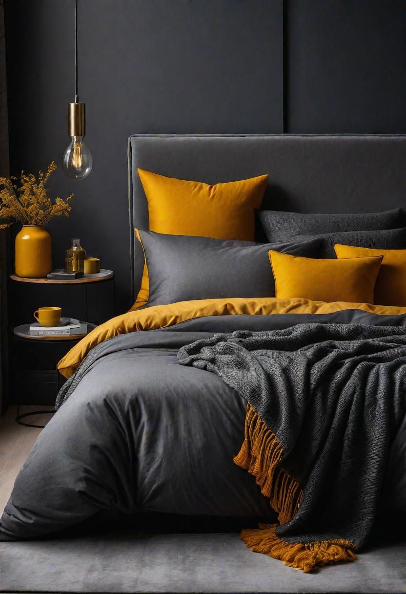 3. Charcoal and Mustard Bedroom Inspo