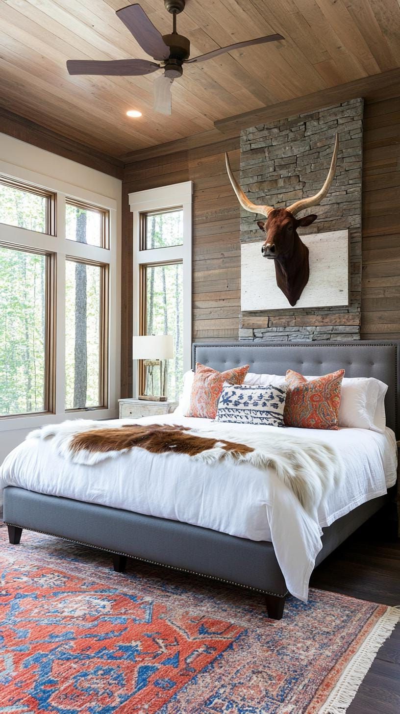 10. Bedroom With Animal-Hide and Steer Horns - photo 3