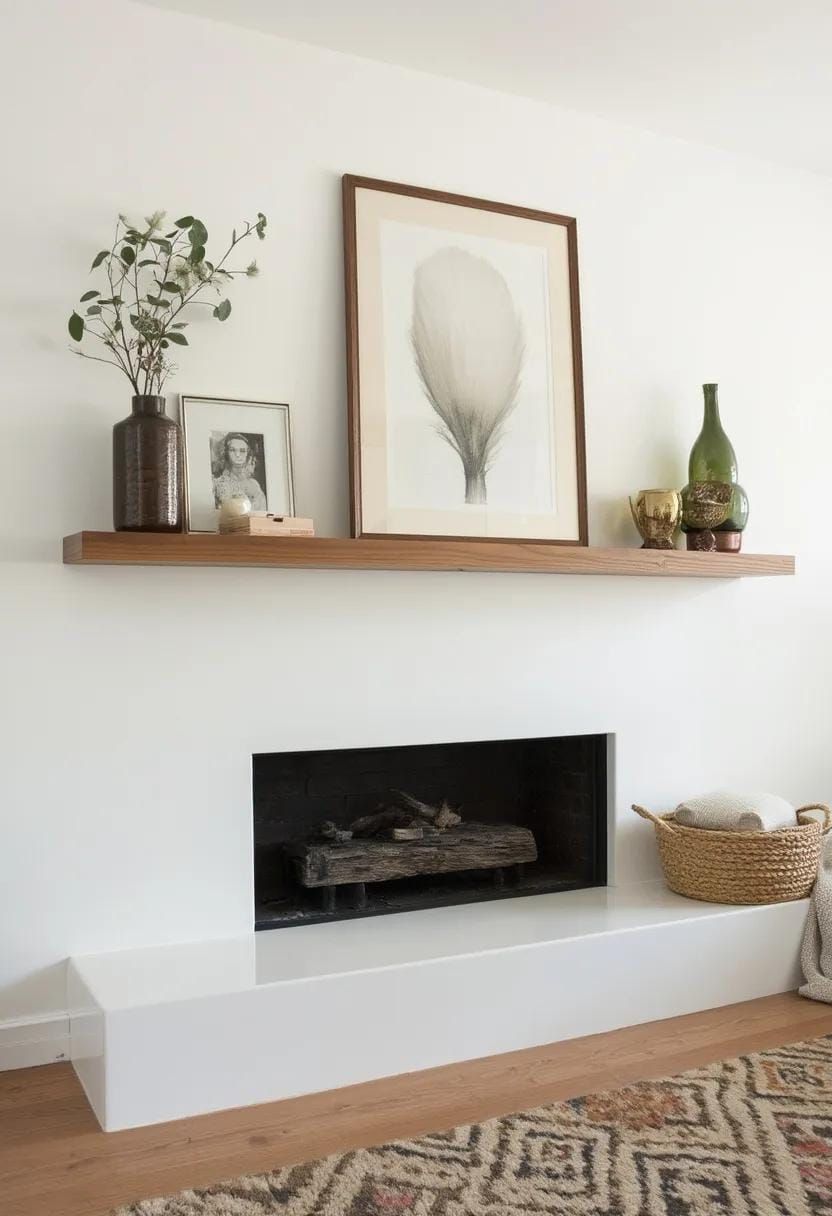 2. Minimalist white linear fireplace with floating wooden mantel shelves