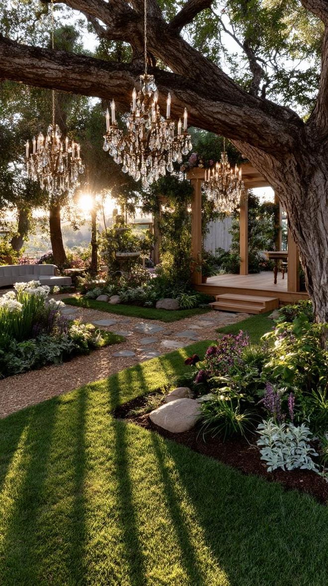17. Crystal Chandeliers Hanging from Garden Trees