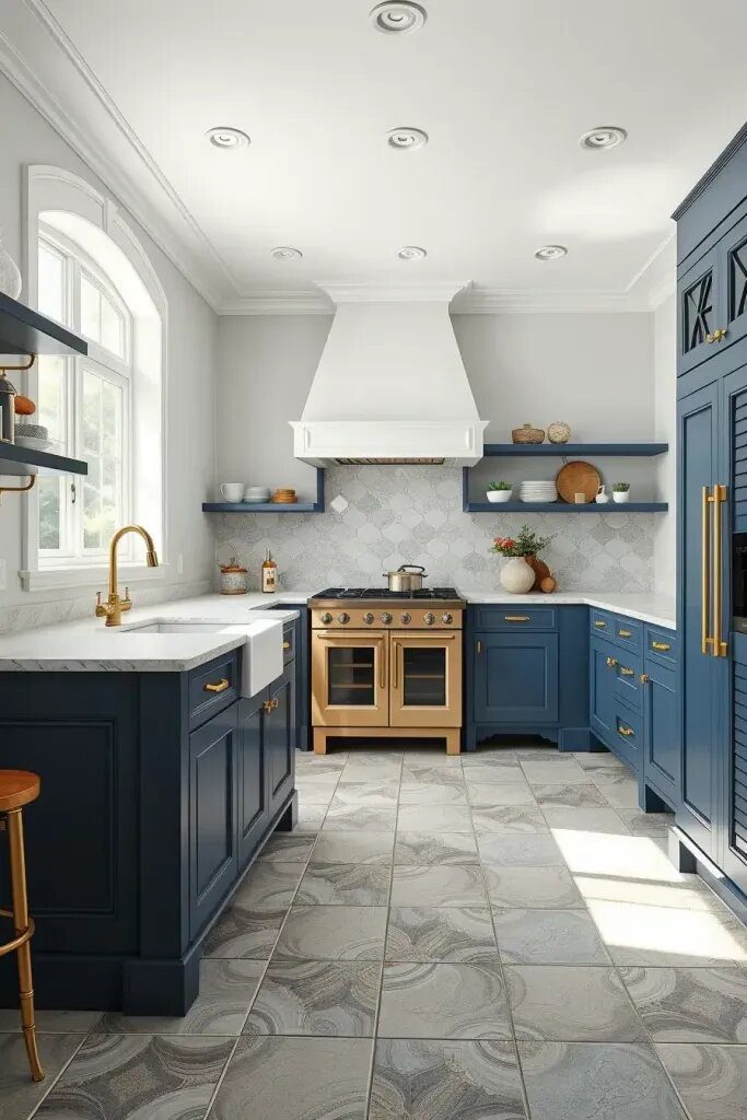 Sage Tile Flooring with Navy Blue Cabinets
