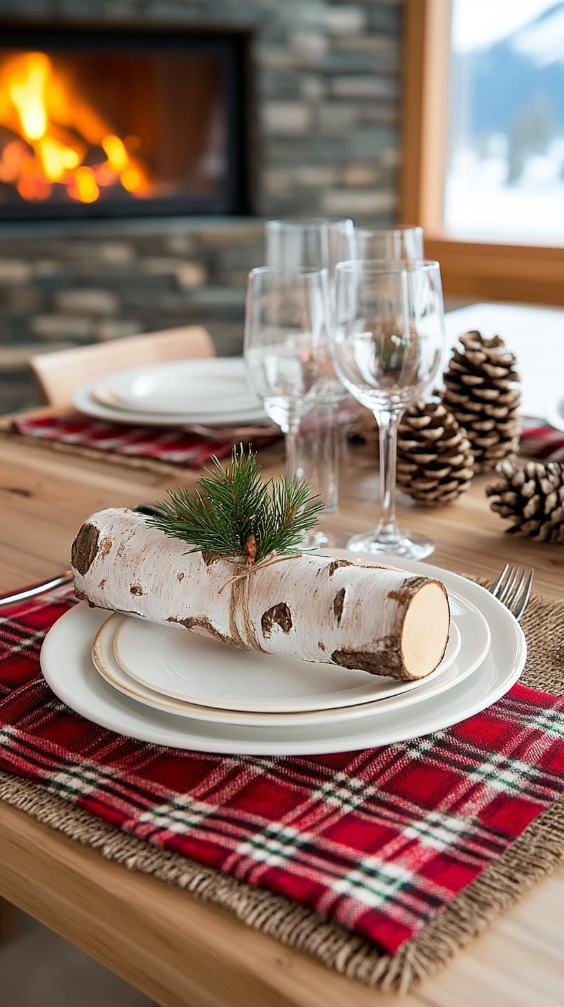 17. Cabin-Inspired Table with Birch Bark and Pine Cones