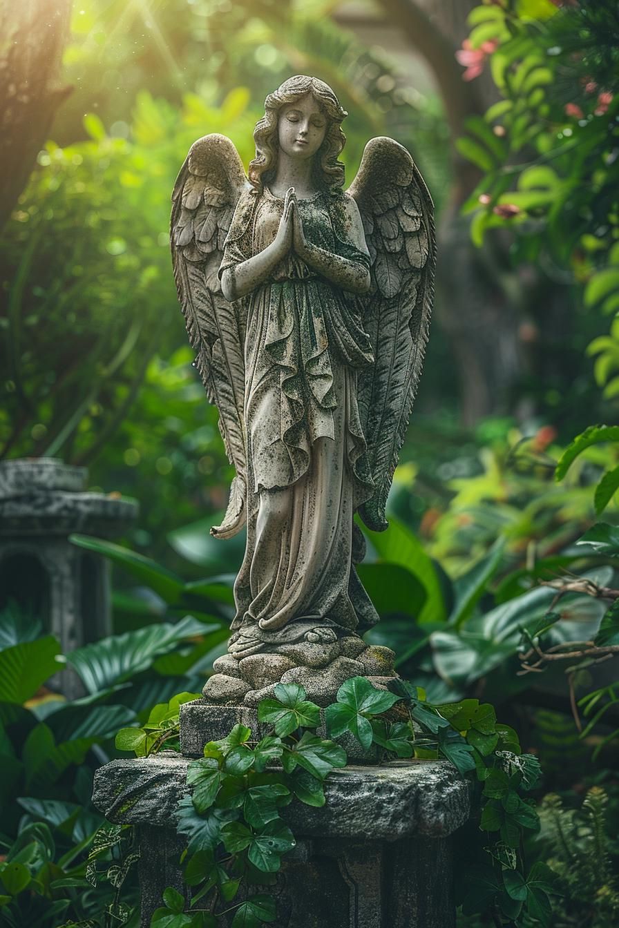 21. Stone Angel Statue in Lush Greenery
