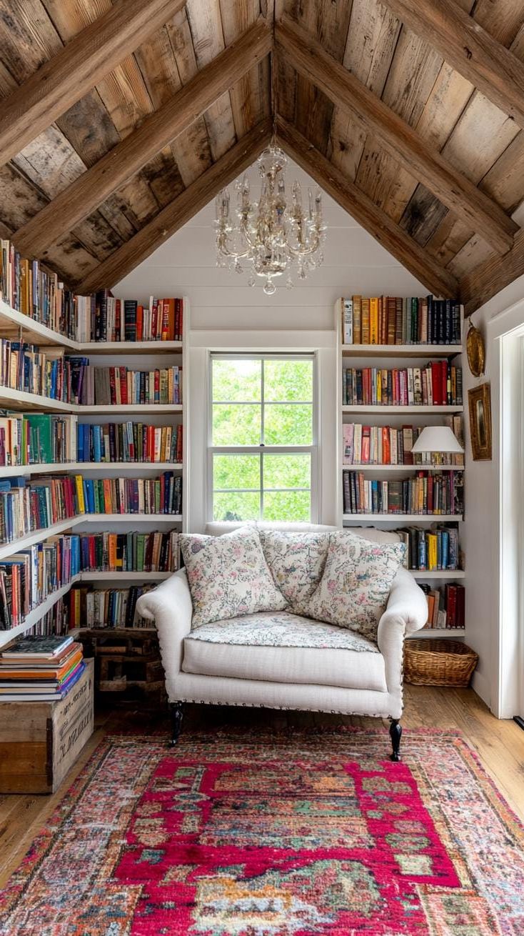 17. Shed Library with Vintage Sofa and Cathedral Ceiling